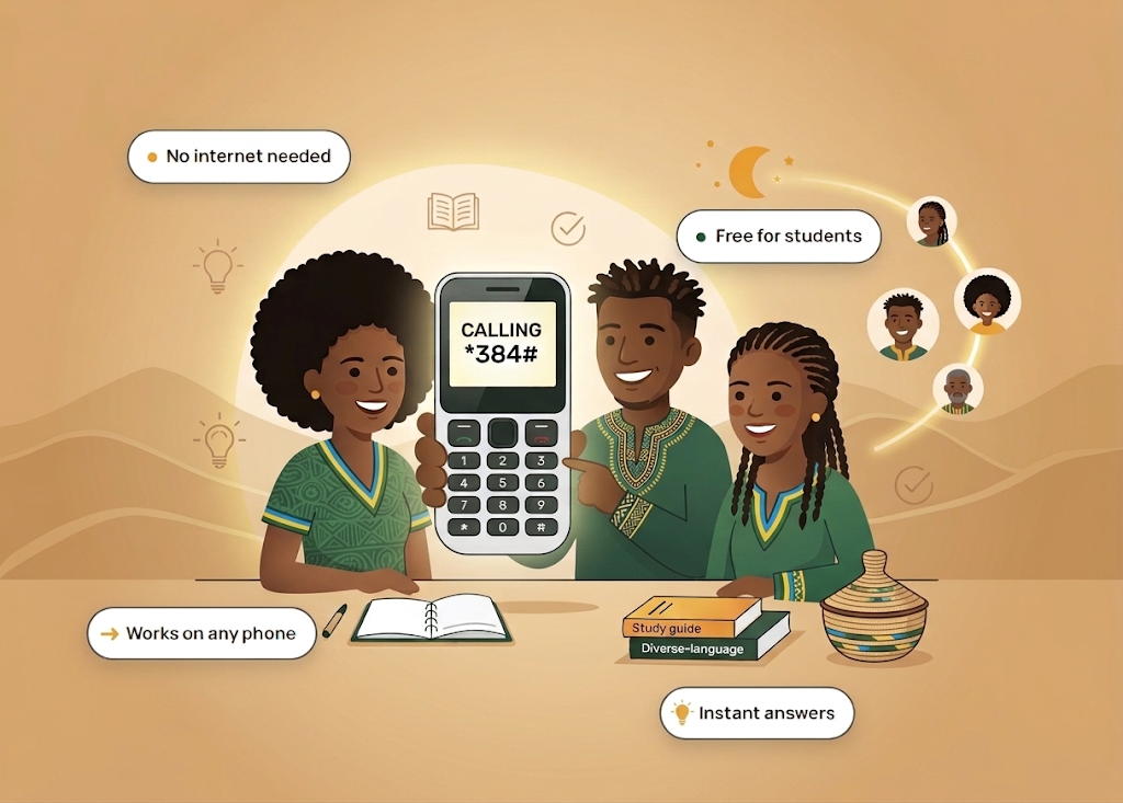 Three smiling students holding up a basic mobile phone showing 'CALLING *384#' on its screen.