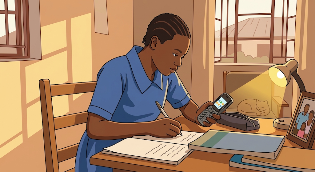 A student in a school uniform sits at a home desk in the evening, writing in a notebook with one hand while holding a basic mobile phone in the other, lit by a desk lamp.